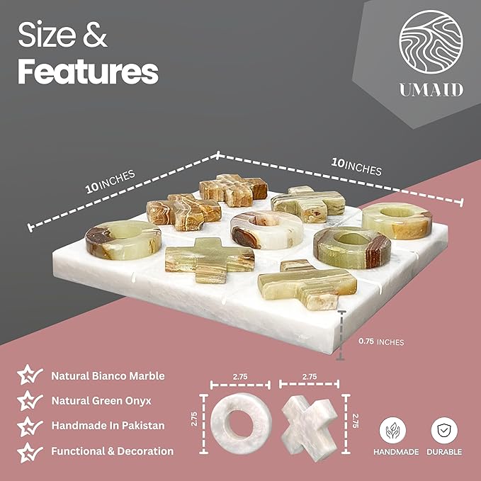 UMAID Luxury Marble Tic Tac Toe Game, Handcrafted 10" Onyx Board in Velvet Box, Solid Marble Set, Each Piece is Unique, Elegant Coffee Table or Office Decor, Unique Gift for Men, Women, Game Lovers