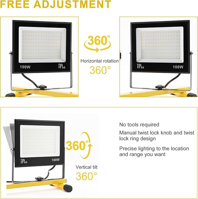 30000 Lumen Work Lights with Stand, 3 Adjustable Head LED Work Light, with Adjustable and Foldable Tripod Stand, Waterproof Lamp with 6500 Kelvin Color Temperature