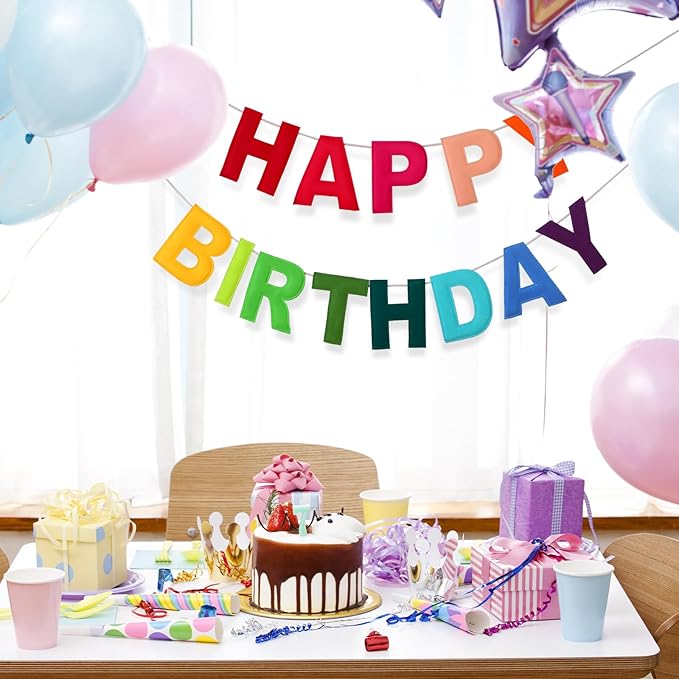 Felt Happy Birthday Garland Rainbow Banner Reusable Happy Birthday Sign Party Supply for Party Decor(Rainbow Color,Normal)
