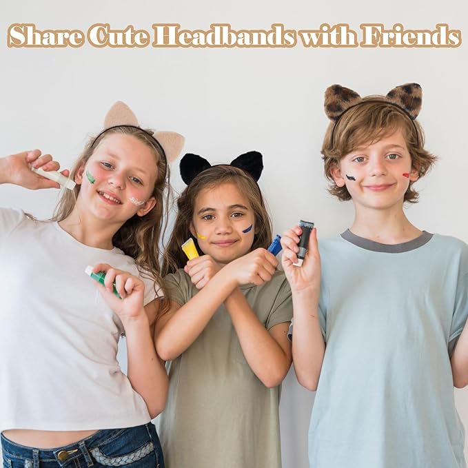 Animal Ear Headbands,3Pcs Plush Cat Ears Costume Headband Hair Band with Cat Ear Cute Ear Hair Accessories for Themed Events and Party Decoration (Brown,Beige,Black)