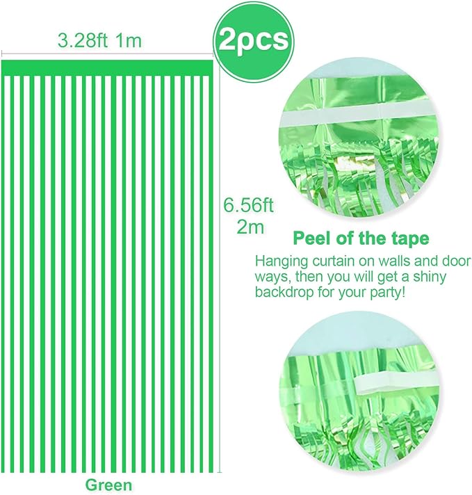 2 Pcs Green Metallic Tinsel Foil Fringe Curtains Backdrop, 3.28 ft x 6.56 ft Streamers for Birthday Wedding Engagement Bachelorette Party Photo Booth Bridal Shower Baby Shower Decorations Supplies