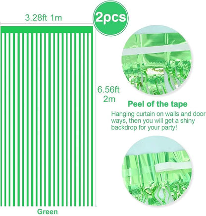 2 Pcs Green Metallic Tinsel Foil Fringe Curtains Backdrop, 3.28 ft x 6.56 ft Streamers for Birthday Wedding Engagement Bachelorette Party Photo Booth Bridal Shower Baby Shower Decorations Supplies