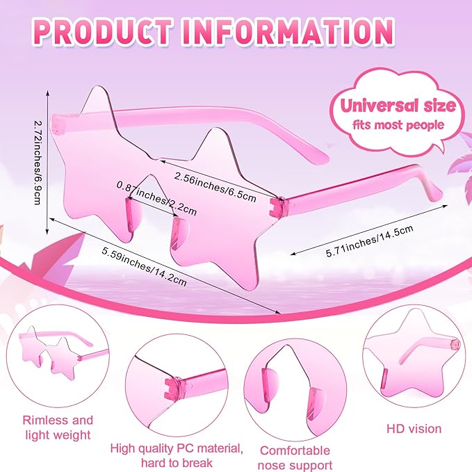 10/20/30/40 Pack Star Sunglasses Rimless Transparent Pentagram Shaped Sunglasses Bulk Party Favor Glasses for Women (20, Pink, Hot pink)