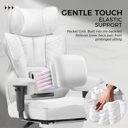 COMHOMA Desk Office Chair Big and Tall Office Chairs Ergonomic Gaming Chairs with Wide Seat Leather High Back Chair with Foot Rest Adjustable Armrests Pocket Spring Lumbar Support