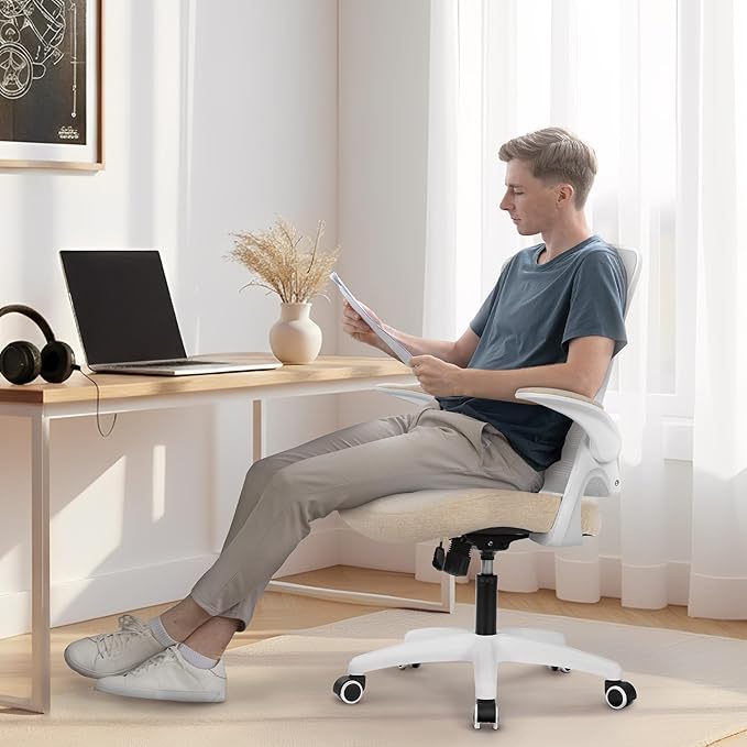NEO CHAIR Office Desk Chair Computer High Back Mesh Gaming Seat with Ergonomic Adjustable Comfy Flip-up Armrests Lumbar Support Height for Home (Beige)