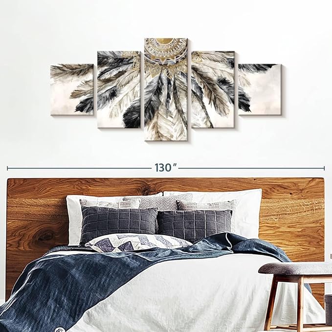 ElephantStock - Necklace Of Feathers Iii Wall Art - Horizontal Multi Panel Canvas - 5 Piece Living Room Wall Decor - Painting Multi Piece Wall Art - Brown And Gray Decor by Eva Watts - 92" x 42"