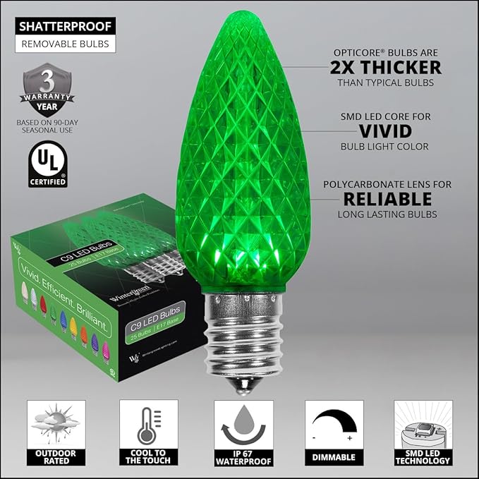 Wintergreen Lighting 100 C9 OptiCore LED Commercial Outdoor Christmas Lights – Heavy Duty Christmas String Lights; Green Wire (100 ft, Green)
