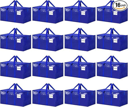 16 Pack Extra Large Heavy Duty Moving Bags, Blue Storage Bins with Lids, Reinforced Handles & Heavy-Duty Zippers Moving Boxes Storage Bags Totes for Clothes Packing, Dorms, College Supplies, Blue