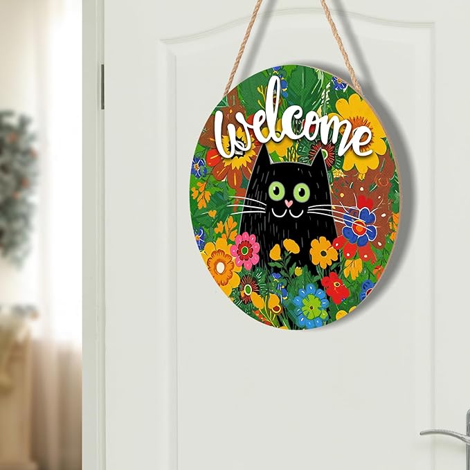 Welcome Spring Black Cat Sign for Front Door Decor Spring Summer Flowers Door Hanger for Outdoor Outside Porch Seasonal Summer Farmhouse Wooden Wreath Colorful Wall Hanging Decoration 12"x12"