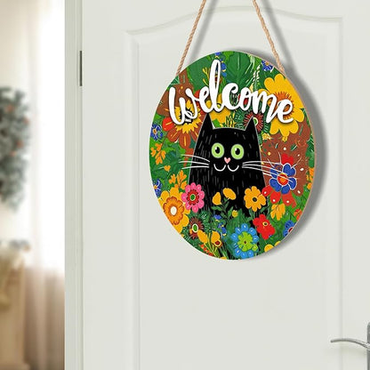 Welcome Spring Black Cat Sign for Front Door Decor Spring Summer Flowers Door Hanger for Outdoor Outside Porch Seasonal Summer Farmhouse Wooden Wreath Colorful Wall Hanging Decoration 12"x12"