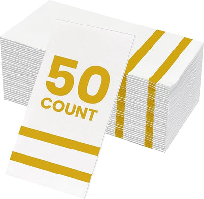 50 Pack Napkins Disposable Guest Towels Linen-Feel Decorative Napkins Soft and Absorbent Dinner Paper Hand Towels for Bathroom Party Powder Room Hotel Fancy Restaurant (50, Gold Line)