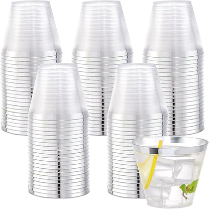 WELLIFE 120PCS Silver Disposable Plastic Cups,9 oz Clear Plastic Cups,Disposable Wine Glasses for Party and Christmas