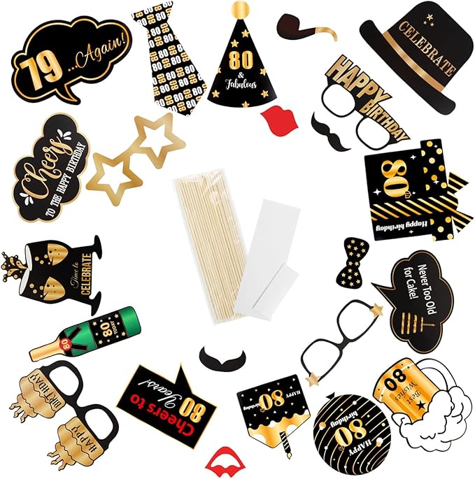 LINGTEER Happy 80th Birthday Party Photo Booth Props,Cheers to 80th Birthday Eighty Years Old Bday Party Centerpieces Props Decorations Sign.