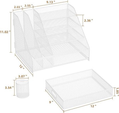 Marbrasse Desk Organizer with File Holder, 5-Tier Paper Letter Tray Organizer with Drawer and 2 Pen Holder,Mesh Desk Organizers and Accessories,Desktop Organizer and Storage for Office Supplies(White)