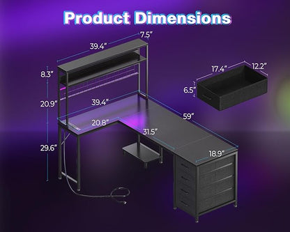 AODK L Shaped Desk Gaming Desk with LED Light & Power Outlet, 59 Inch Reversible L Shaped Computer Table with 4 Drawers for Home Office, Black