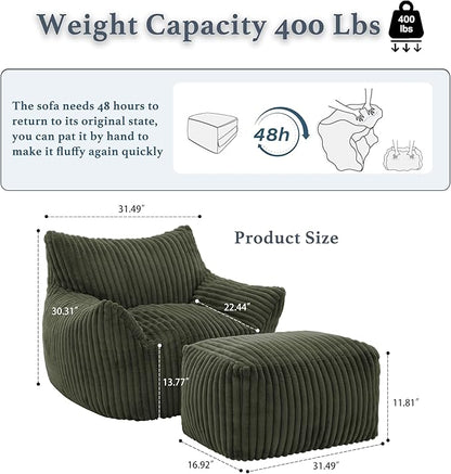 Oversized Bean Bag Chaise Lounge Chair Indoor for Adults with Armrests & Ottoman - Giant Comfy Green Beanbag Lazy Floor Sofa Cloud Accent Chair for Reading, Gaming, Cozy Plush Cloud Mini Couch