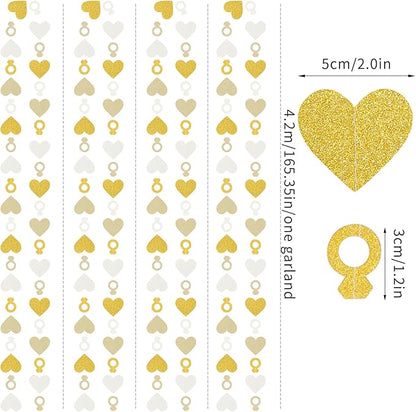 Engagement Bachelorette Party-Decorations White-Gold Garland - 52Ft Heart Ring Wedding Paper Streamers Banner, Galentines. Proposal Decor Lasting Surprise