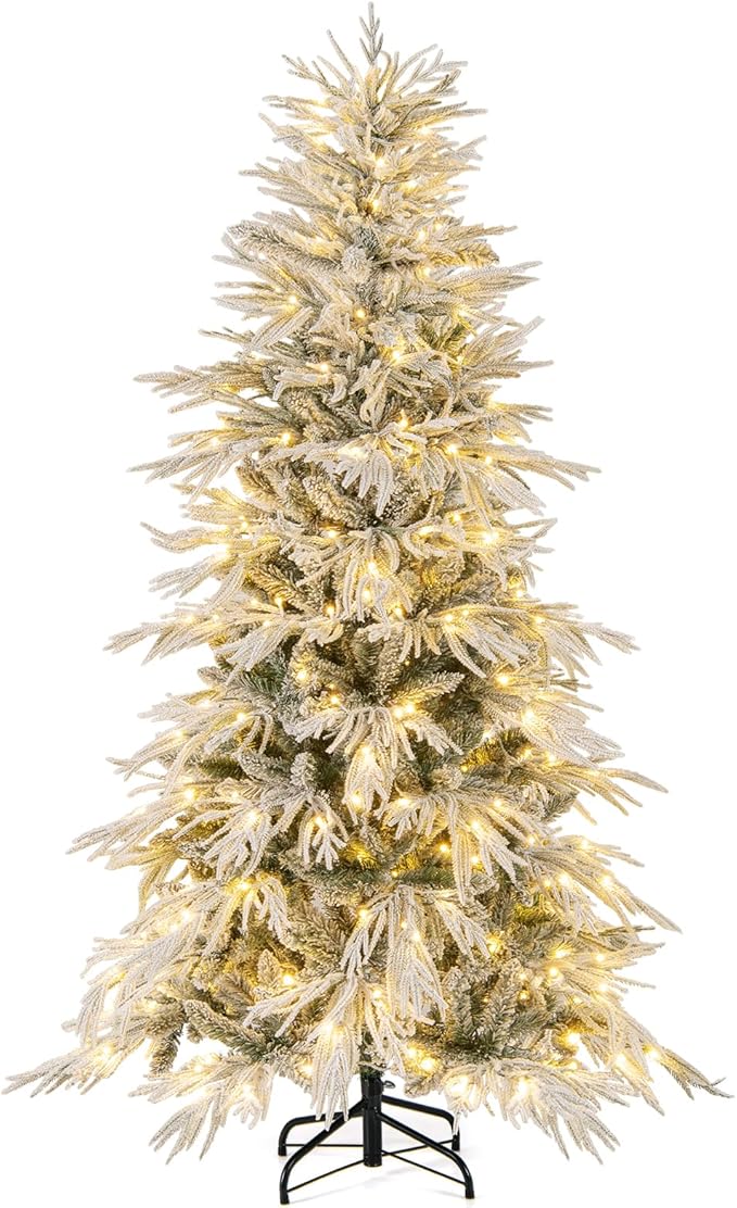 GOFLAME 6FT Pre-lit Artificial Christmas Tree, Snow Flocked Hinged Xmas Tree with 250 Warm White LED Lights, 594 Branch Tips and Folding Metal Stand, Holiday Decoration Tree for Home Party