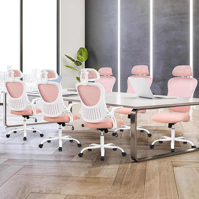 Sweetcrispy Office Computer Desk Chair, Ergonomic High-Back Mesh Rolling Work Chairs with Wheels and Adjustable Headrests, Comfortable Lumbar Support, Comfy Flip-up Arms for Home, Bedroom, Study, Pink