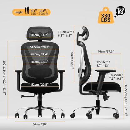 Ergonomic Mesh Office Chair - 3D Adjustable Lumbar Support & 3D Armrests, V-Shaped Back, Adjustable Desk Chair for Office & Home, Black