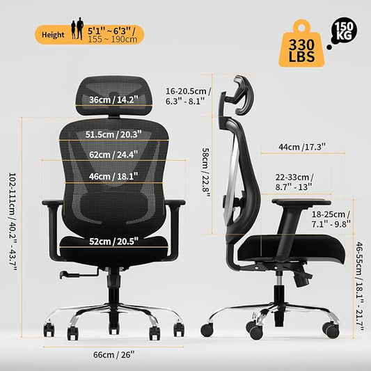 Ergonomic Mesh Office Chair - 3D Adjustable Lumbar Support & 3D Armrests, V-Shaped Back, Adjustable Desk Chair for Office & Home, Black