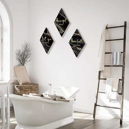3 Pcs Black And Gold Bathroom Decor Gold Wall Decor with Accept Let Go Have Faith Quote Rustic Vintage Farmhouse Wooden Hanging Signs for Women Home Laundry Living Room Bedroom(Black Gold, 12 x 7Inch)
