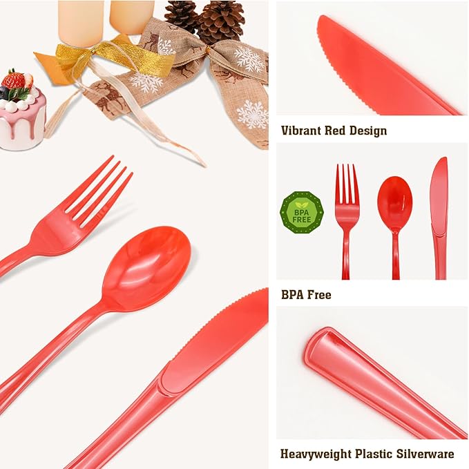 150 Pack Red Plastic Silverware, Red Plastic Utensils, Disposable Cutlery Heavy Duty, 50 Forks, 50 Spoons, 50 Knives for Birthday, Graduation Party, Flag Day, 4th of July