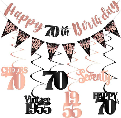 70th Birthday Decorations for Women, Black Rose Gold Happy 70th Birthday Banner Hanging Swirls Vintage 1955 Decorations Kit Cheers to 70 Party Supplies