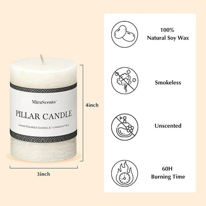 3x4 Inch White Pillar Candles - Set of 3, Hand-Poured Unscented, Long Burning, Smokeless Dripless for Dinner Table, Wedding, Home, Bathroom, Rustic Decor