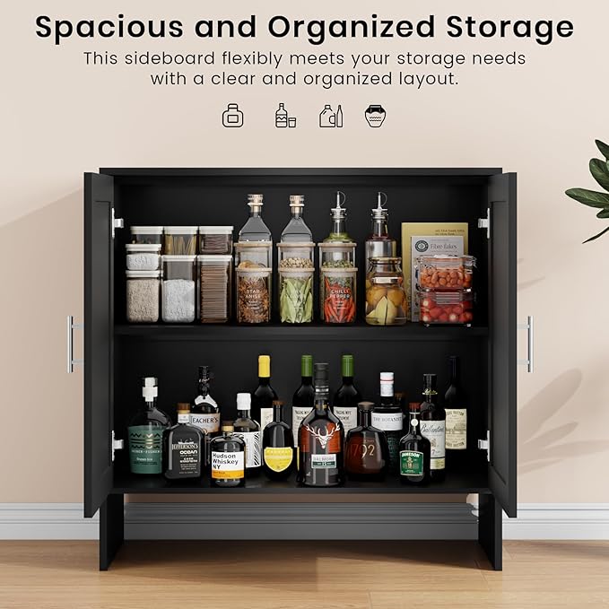 DHZ Buffet Cabinet with Storage & Adjustable Shelf - Farmhouse Sideboard with Black Rattan Decorated Doors, Coffee Bar Cabinet for Kitchen, Dining Room Organizer