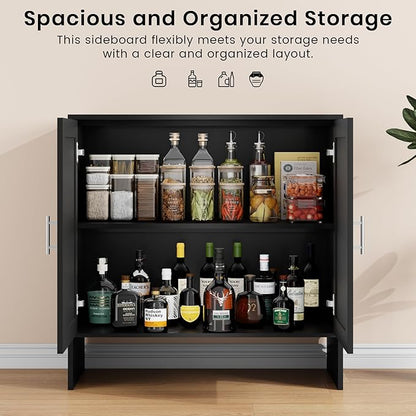 DHZ Buffet Cabinet with Storage & Adjustable Shelf - Farmhouse Sideboard with Black Rattan Decorated Doors, Coffee Bar Cabinet for Kitchen, Dining Room Organizer