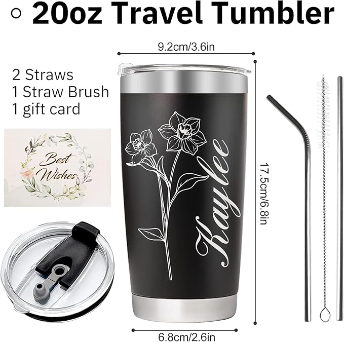 Personalized Tumbler with Name & Birth Flower Month, Custom Coffee Tumbler Stainless Steel Travel Mug Cup 20 Oz Personalized Gifts for Birthday Christmas Anniversary for Dad Mom Kids