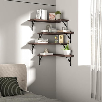 Corner Floating Shelves Wall Mounted Set of 4, Rustic Wood Storage Display Wall Shelves for Home Decor, Bathroom, Kitchen, Bedroom, Living Room, Office (Brown)