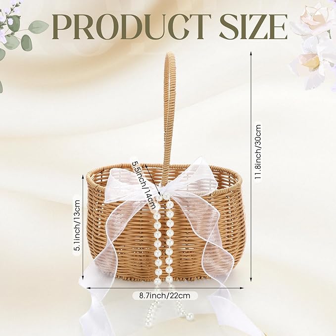 1 Pcs Wicker Rattan Flower Girl Basket with Bows and Pearl 11.8x8.7x5.1 Inches Rustic Wedding Basket for Flower Girl, Hand Woven Willow Storage for Ceremonies Home Decoration (Classic)
