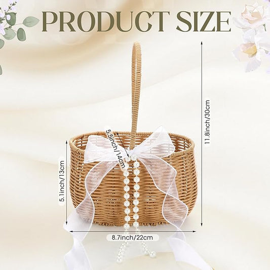 1 Pcs Wicker Rattan Flower Girl Basket with Bows and Pearl 11.8x8.7x5.1 Inches Rustic Wedding Basket for Flower Girl, Hand Woven Willow Storage for Ceremonies Home Decoration (Classic)