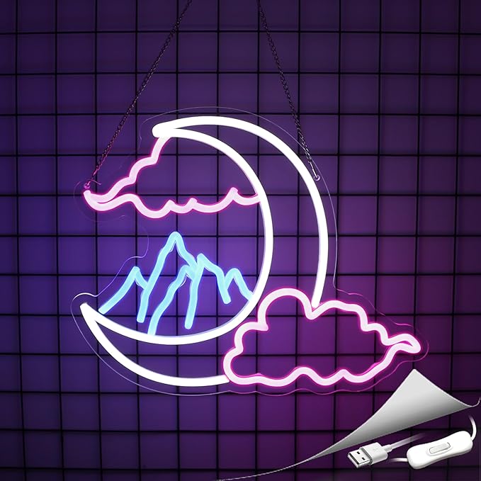 Moon Cloud Mountain Neon Sign Girl Room Decor Led Neon Lights Signs for Wall Decor USB Powered Led for Room Decoration
