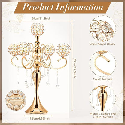Dandat 8 Pcs 25.6'' 5 Arm Candelabra Candle Holder Centerpieces for Table Gold Crystal Candlestick Holders Tall Candle Stand for Wedding Dinner Halloween Christmas Party Decoration