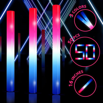 50Packs 3 Colors Foam Glow Sticks Red White Blue, Patriotic Events Parades, Party Decorations, Light up Glow in Dark Bulk Supplies For Party,Wedding,4th of July,Campaign Night