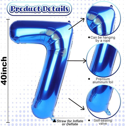 40 Inch Navy Blue Number 7 Balloon, Dark Royal Blue Large Self Inflating Foil Balloons for 7th Birthday Decoration Boys, Digital 7 Helium Balloon for Girls Men Birthday Baby Shower Anniversary Party