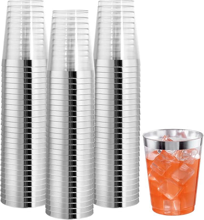 I00000 100PCS Silver Plastic Cups,10 oz Clear Plastic Cups with Silver Trim, Heavy-Duty Disposable Hard Cup For Party, Premium Cup Perfect for Wedding & Party