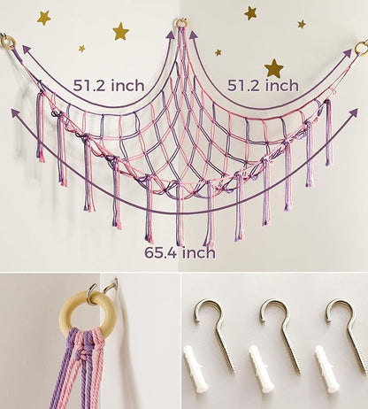 Large Stuffed Animal Hammock Corner Net for Toys Storage Hanging Stuff Animal Organizer Holder Pink Purle Girls Room Bedroom Boho Nursery Decor