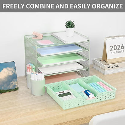 Desk Organizers and Accessories, 5-Tier Paper Letter Tray Organizer with Drawer & 2 Pen Holders, Desktop Organizer for Office Supplies (Green)