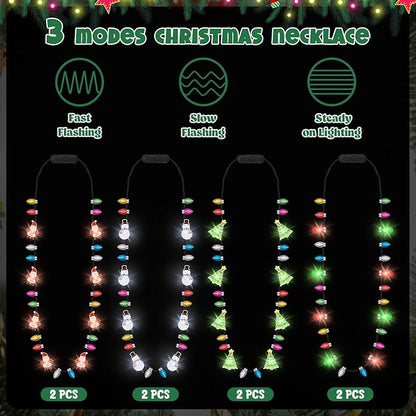 Christmas Neckalce Light up, 8 Lighting Bulbs Light Christmas Neckalce Bulk with 3 Glow Styles, Snowman Strawberry Santa Tree Neckalces for Xmas Party Decorations Favors
