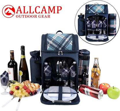 ALLCAMP Picnic Basket Backpack Cooler for 4 Person with 2 Insulated Cooler Compartment, Detachable Bottle/Wine Holder, Fleece Blanket, Plates and Cutlery for Family,Couple and Friend gatherings (Blue)