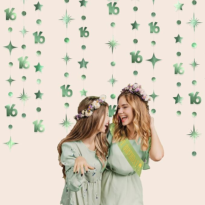 Sage Green Number 16 Circle Dot Twinkle Star Garland Hanging Streamer Bunting Banner Backdrop Decorations for Girls Happy 16th Birthday Sweet Sixteen 16th Anniversary Cheers to 16 Years Party Decor