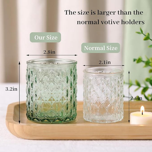 12Pcs Large Votive Candle Holders 2.8 * 3.2in Green Tea Light Candle Holders Glass Candle Holder for Bridal Shower, Wedding, Table Centerpiece, Party, Home Decor