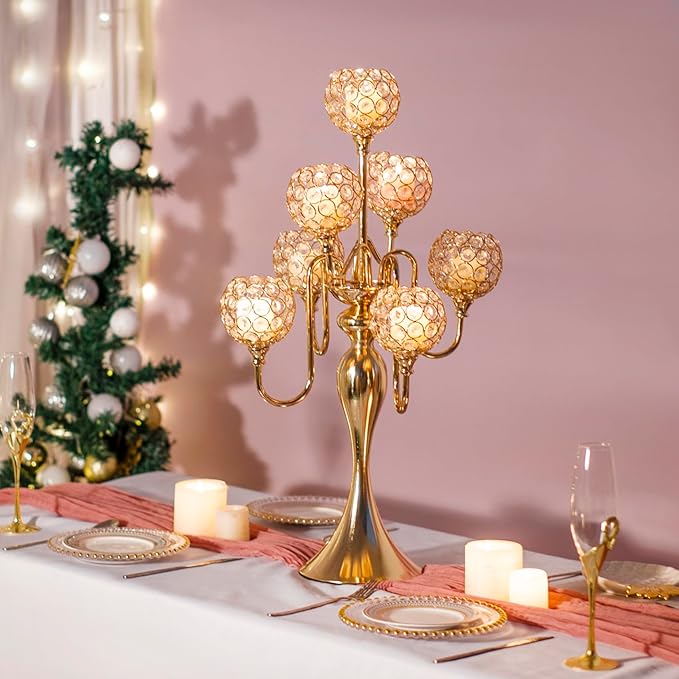 Candelabra Centerpieces for Table, Candle Holder for Table Centerpieces, 7Arm Tall Crystal Candelabra Candle Holder, Gold Centerpiece for Table Wedding Christmas Party Event