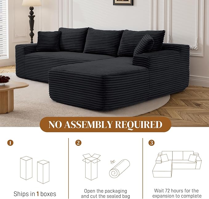 95" L Shaped Boneless Sectional Couches, Wide Armrest, Deep Seat, Memory Foam, Assembly Free, Modern Comfy Corduroy Fluffy Cloud Sofa with Right Chaise for Living Room, Small Spaces, Black