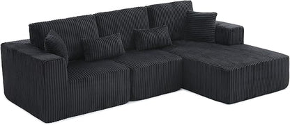 L Shaped Modular Boneless Sectional Couches for Living Room, Wide Armrest, Deep Seat, Memory Foam, Assembly Free, Modern Comfy Corduroy Fluffy Cloud Sofa with Right Chaise, Black