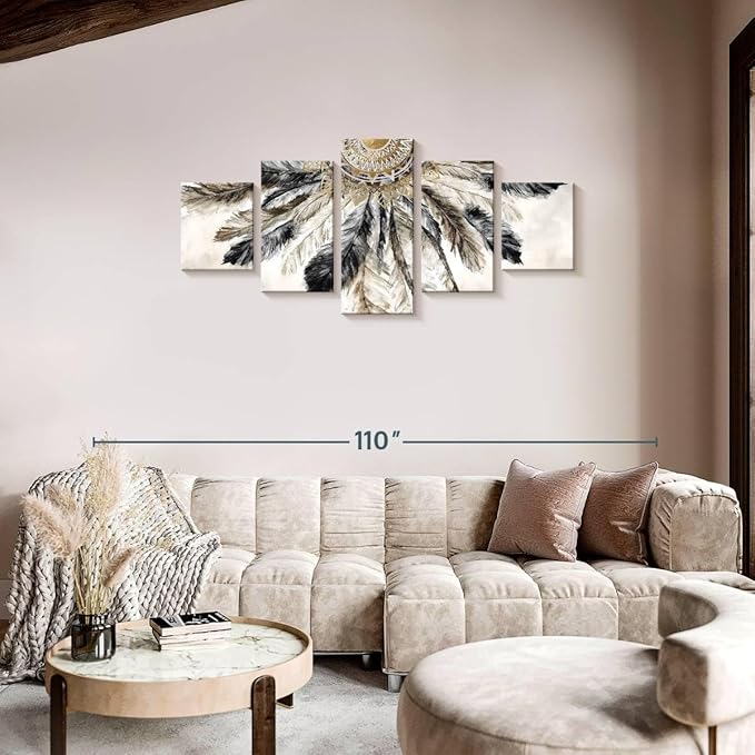 ElephantStock - Necklace Of Feathers Iii Wall Art - Horizontal Multi Panel Canvas - 5 Piece Living Room Wall Decor - Painting Multi Piece Wall Art - Brown And Gray Decor by Eva Watts - 74" x 34"